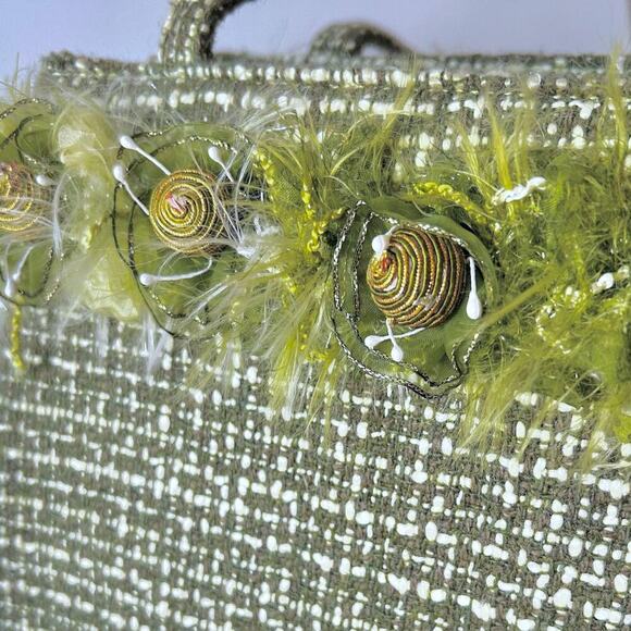 Vintage Y2K Green Preppy Funky Beads Tweed Cottage Girly Handbag Purse - Picture 9 of 11